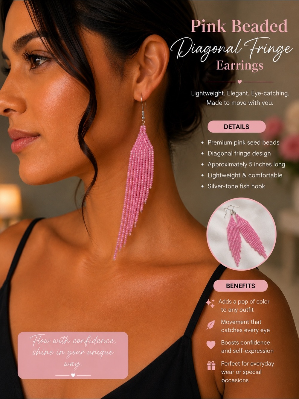 Long Pink Seed Bead Fringe Earrings